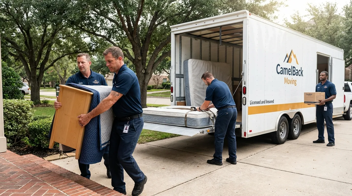 Crew loading residential truck for cross-state move from Linden, TX