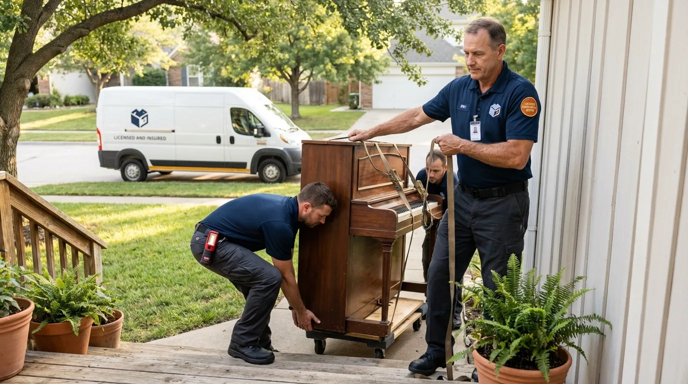 Licensed piano movers securing grand piano in Linden, TX