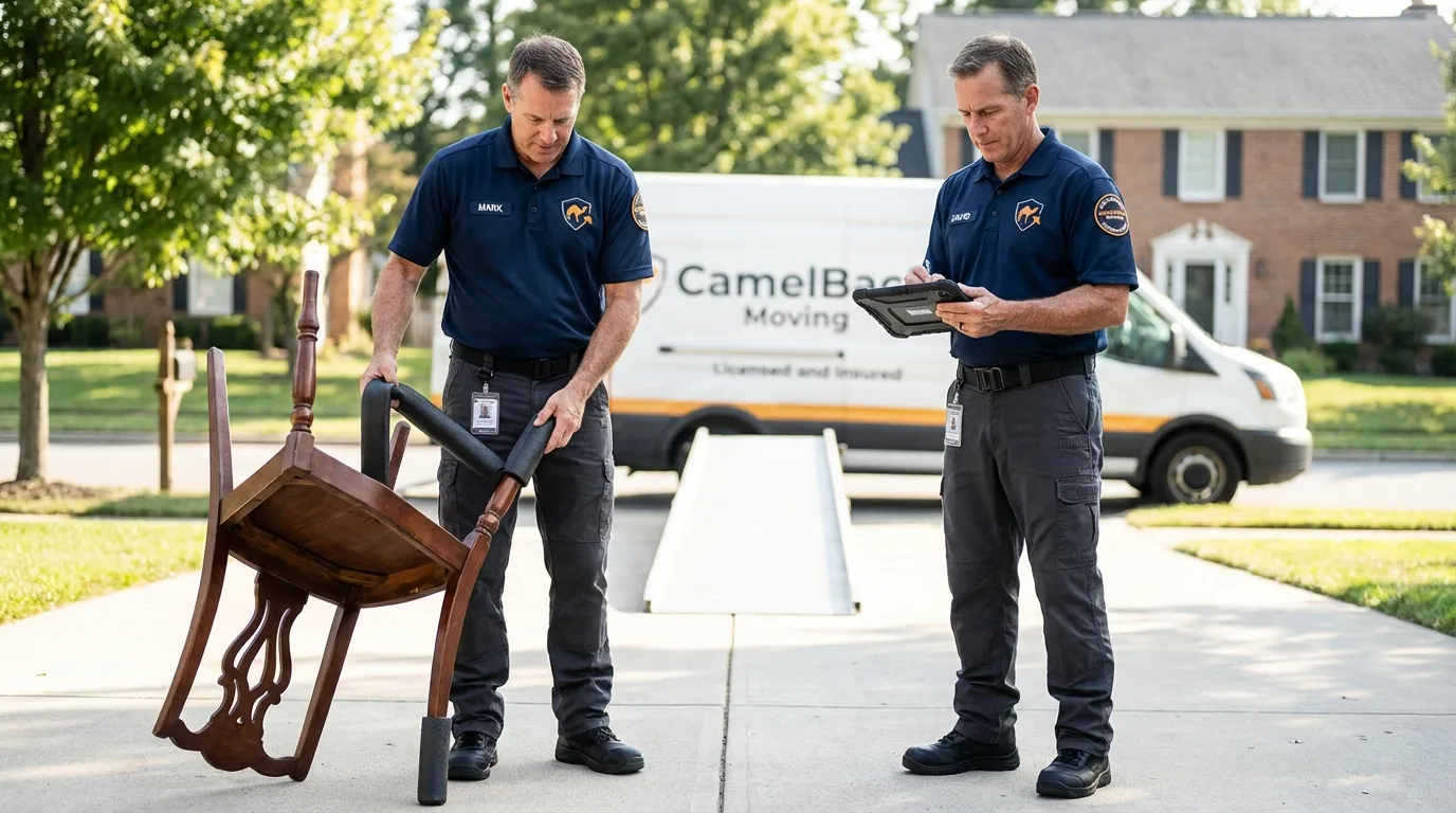 Movers inspecting furniture for damage prevention before loading in Linden, TX