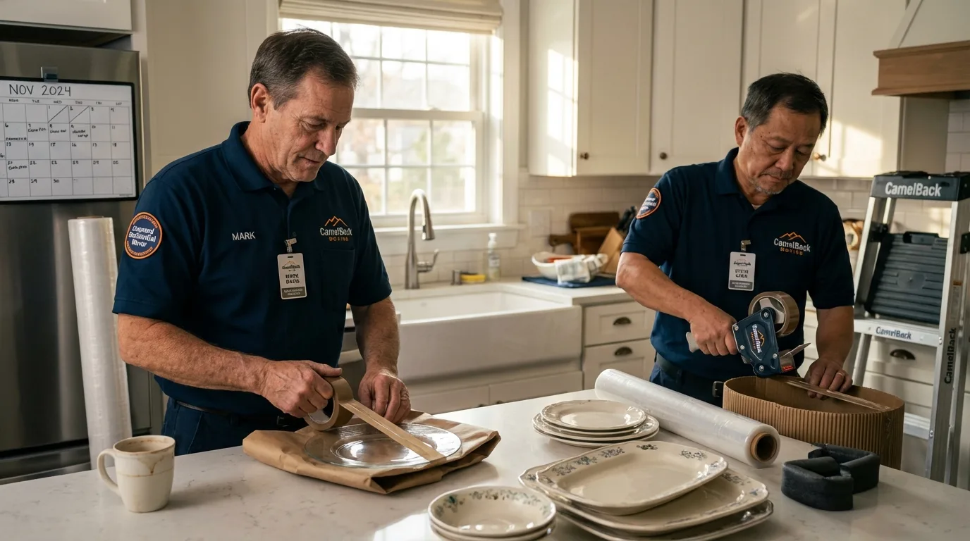 Professional crew packing kitchen dishware in Linden, TX